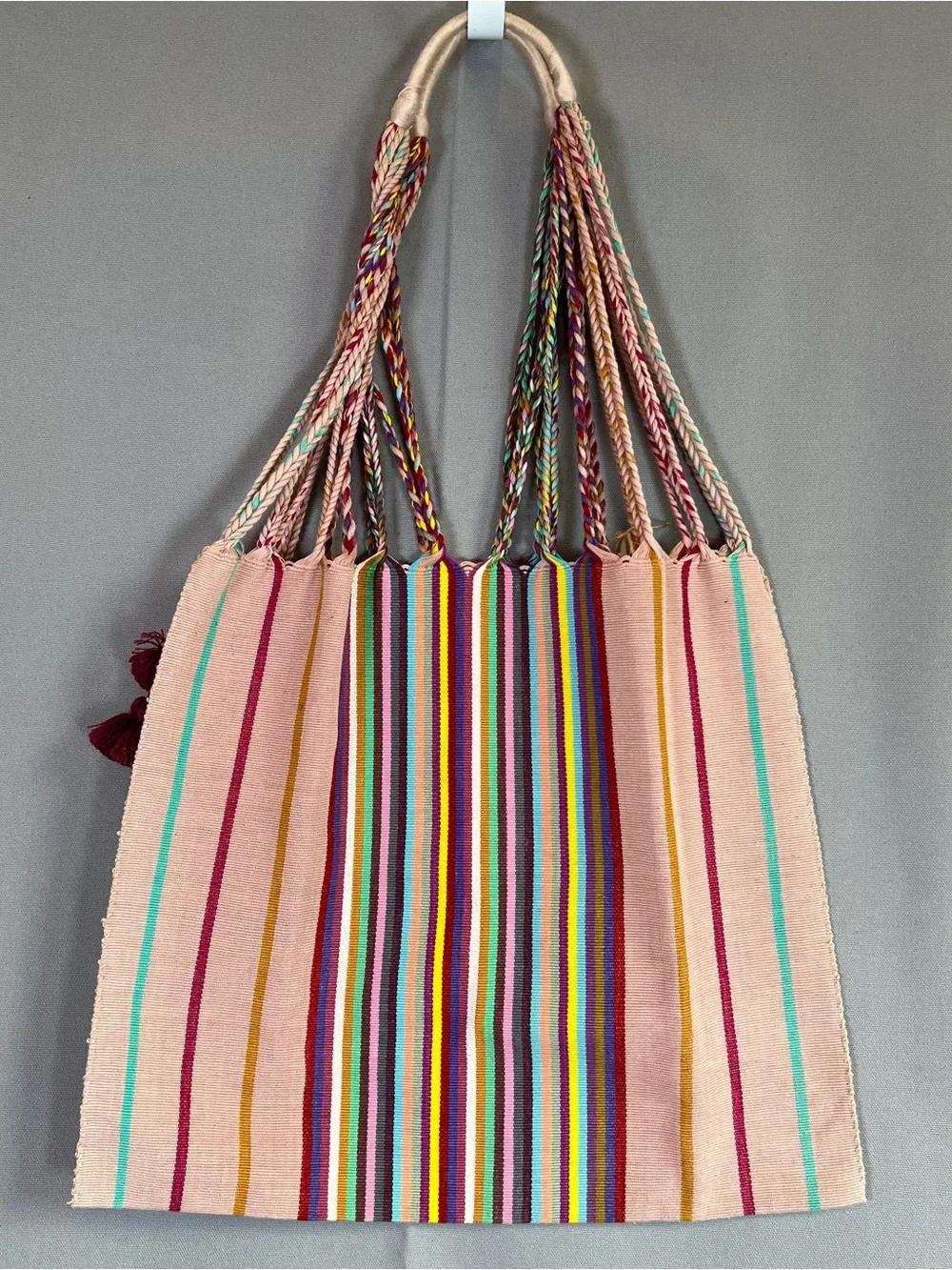 Boho ColorfulStriped Braided Handle Tote Bag w/Tassels WovenTexture BeachSummer